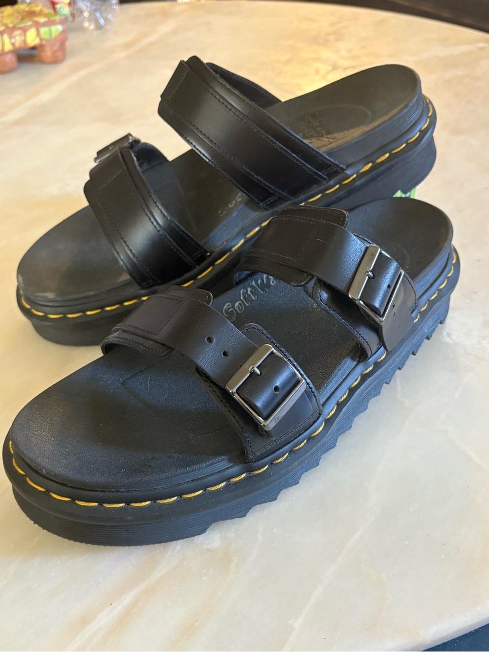 Dr. Martens Black Leather Double Buckle Platform Sandals with Yellow Stitching